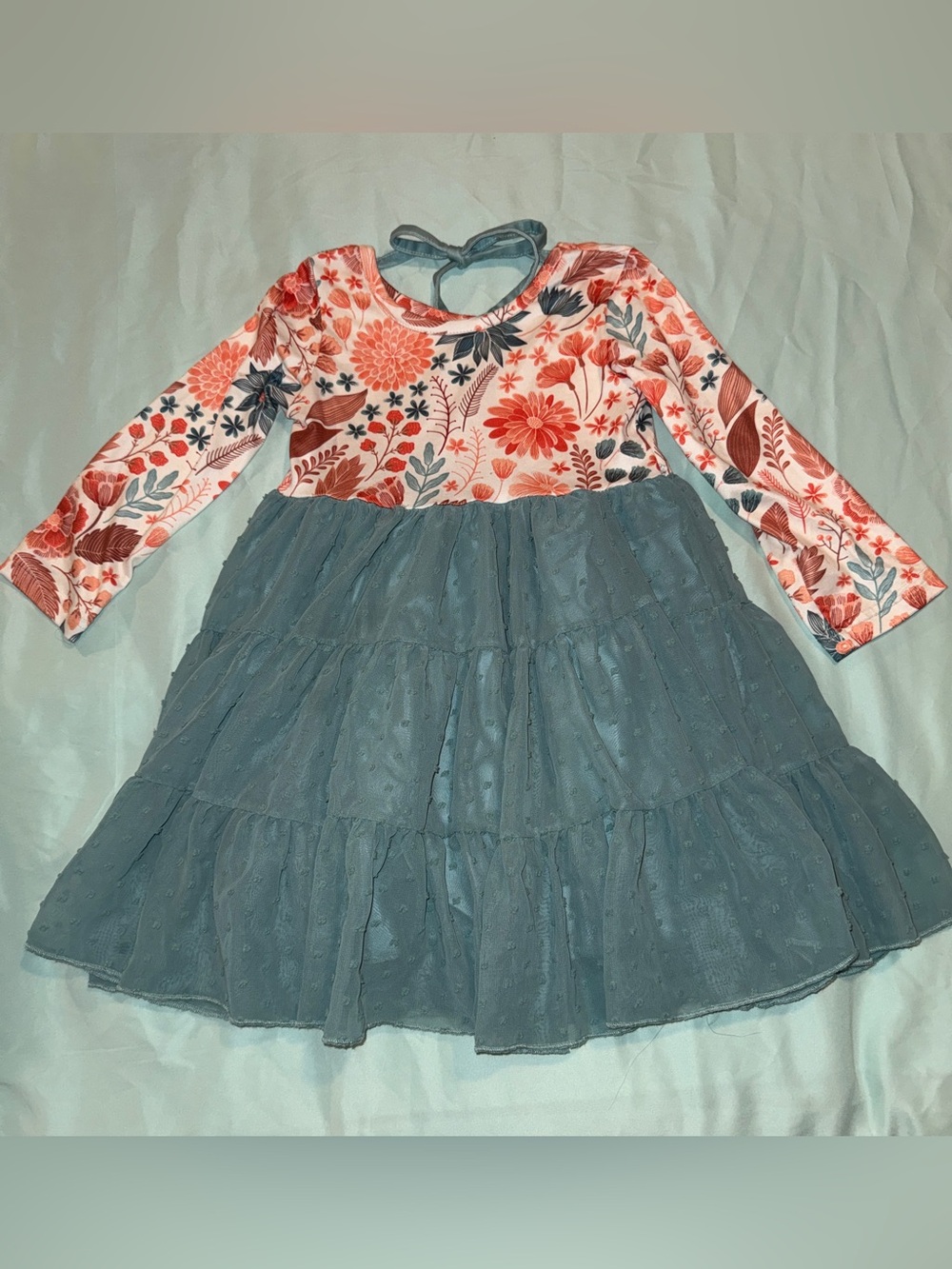 Girls Sage Green Flower Print Swiss Dot Tulle Fall Dress Sz Small 7/8 VGUC